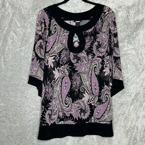 Studio 1940 18 20W 1X Top Shirt Purple Paisley 3/4 Sleeve Keyhole Scoop Neck